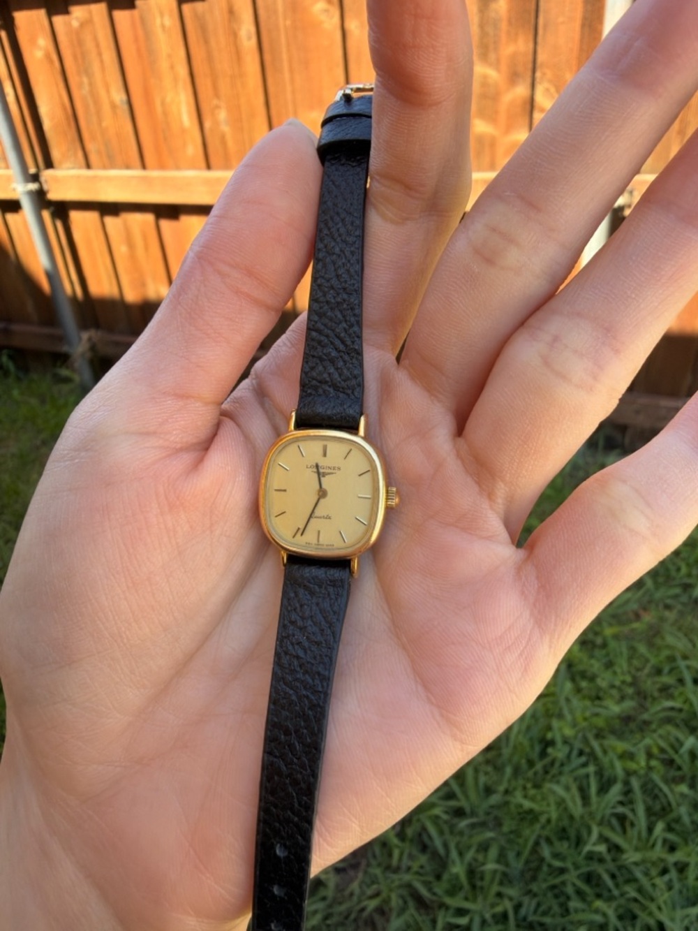 Longines Gold Square Dial with Black Leather Band